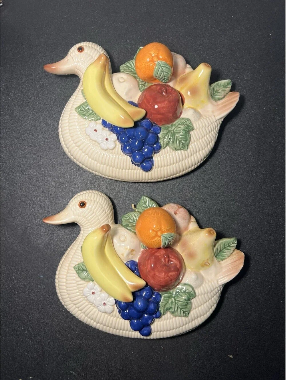 Vintage 1960s Set Of 2 Ceramic Duck Fruit Wall Plaques Decor, 10x8”